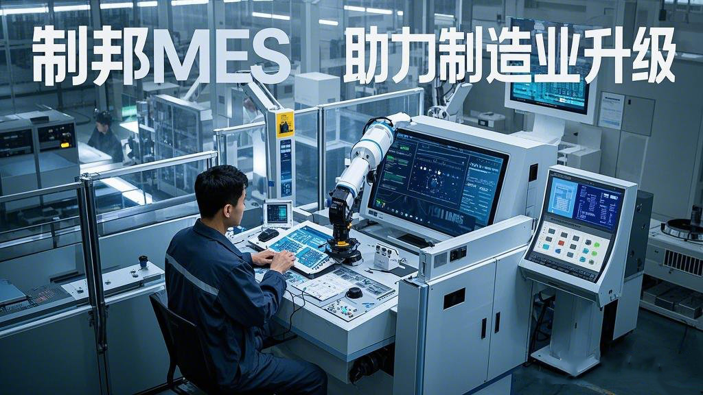 主題為 “制邦MES 助力制造業(yè)升級”。畫面呈現(xiàn)出一個現(xiàn)代化的智能工廠，車間里機械臂有序地工作，在工廠的中控室里，大屏幕上展示著生產(chǎn)數(shù)據(jù)和制邦MES的數(shù)據(jù)分析圖表，一位工程師正在通